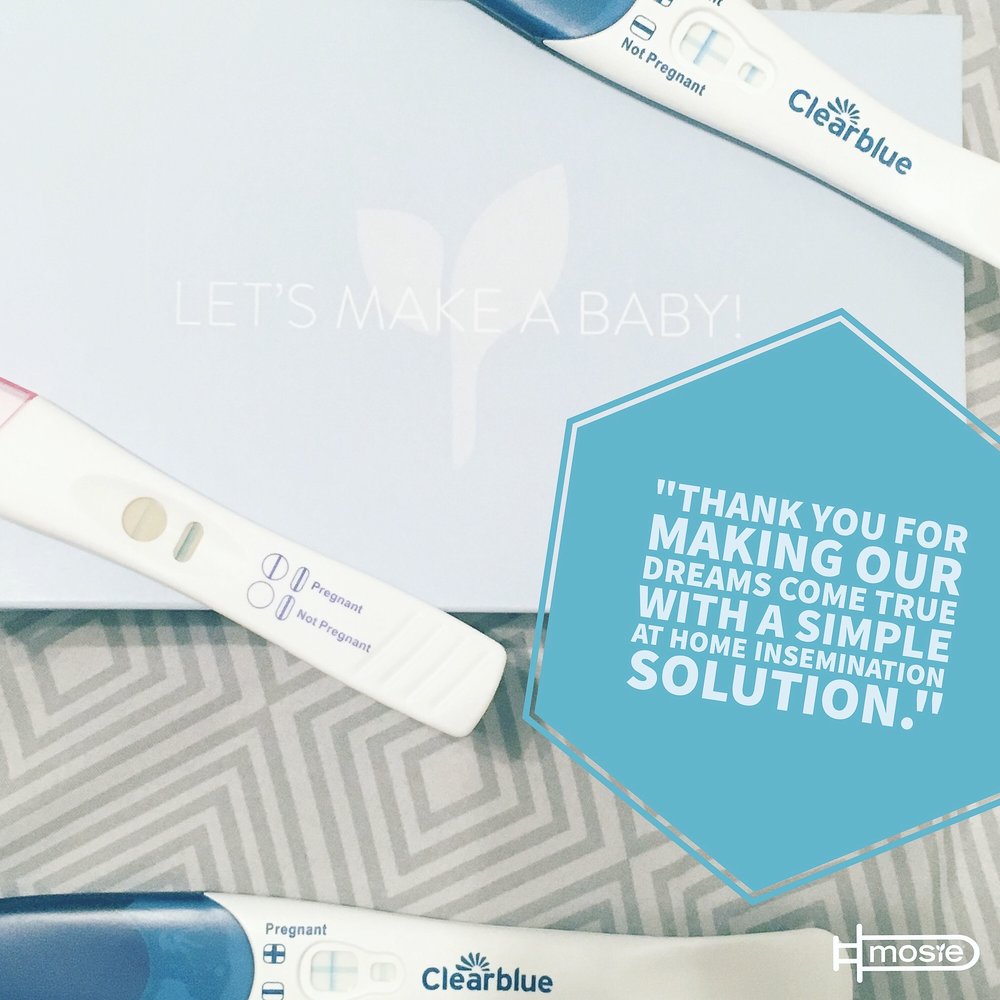 three positive pregnancy tests on top of a mosie baby kit box