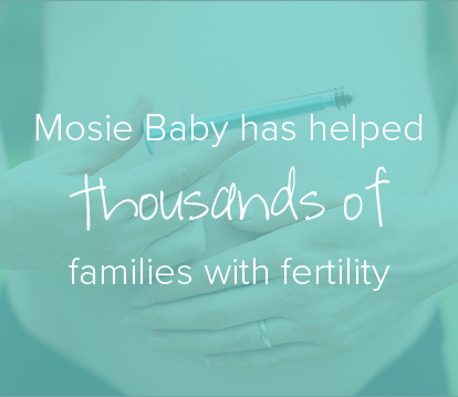 Text reads: Mosie Baby has helped thousands of families with fertility, overlayed on an image of hands holding a Mosie syringe over a pregnant belly
