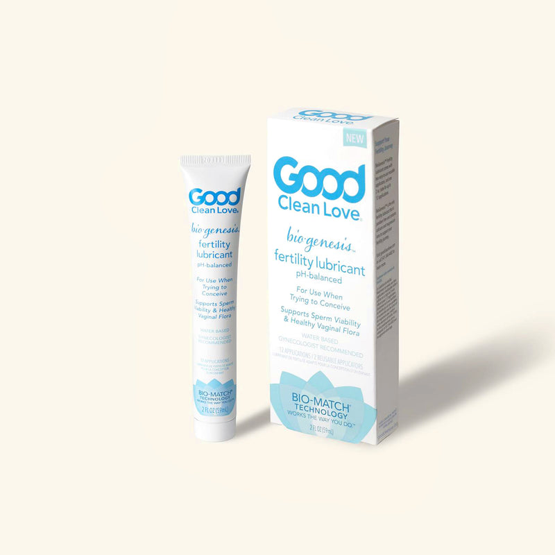 A bottle of Biogenesis™ Good Clean Love Fertility Lubricant next to its box on a white background 